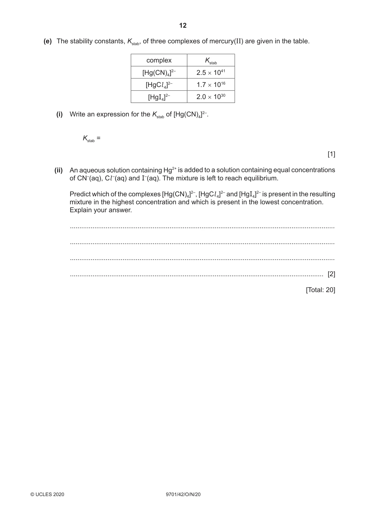 Cambridge A Level Chemistry 9701 2020 Oct/Nov Paper 4 · Variant 2 question paper, page 12 of 20