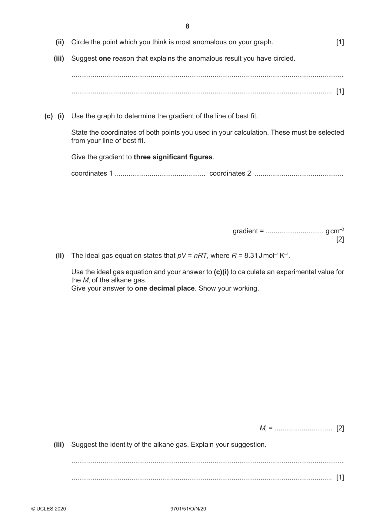 Cambridge A Level Chemistry 9701 2020 Oct/Nov Paper 5 · Variant 1 question paper, page 8 of 12