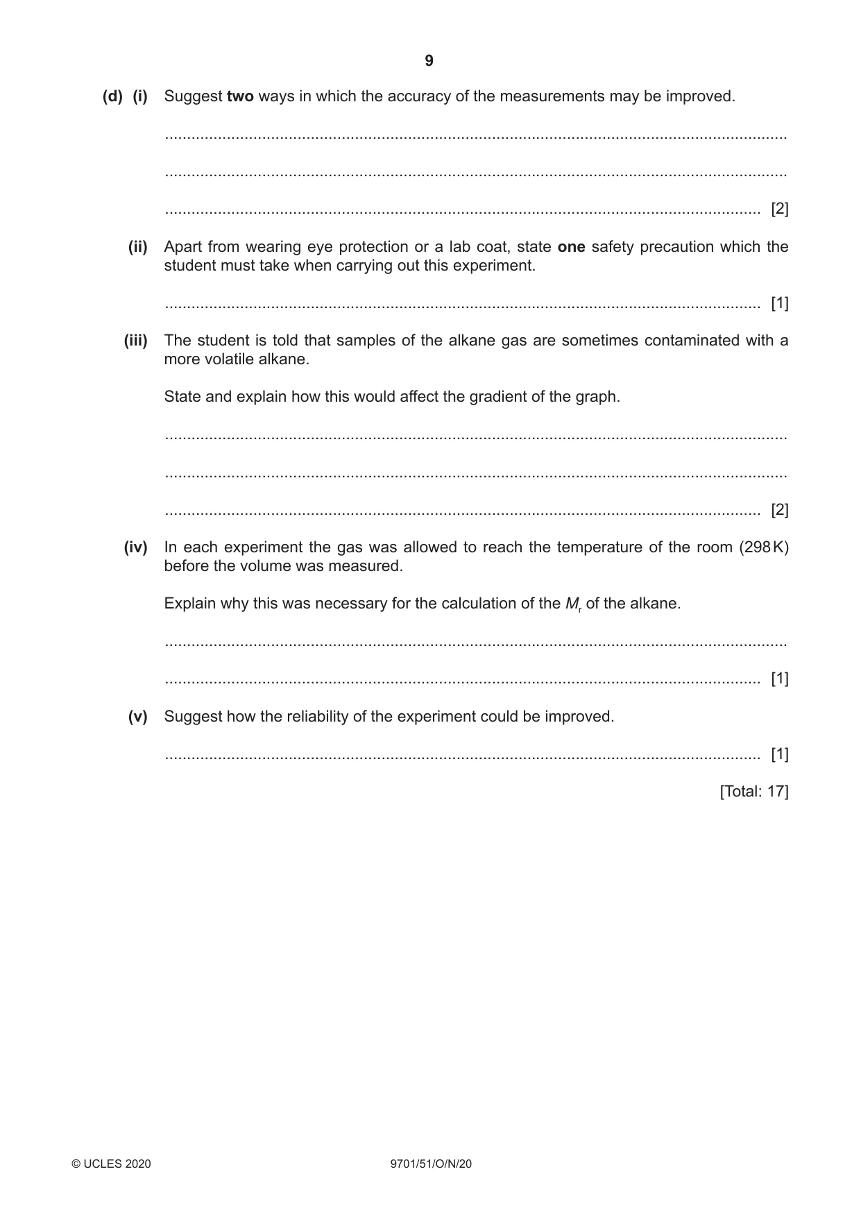 Cambridge A Level Chemistry 9701 2020 Oct/Nov Paper 5 · Variant 1 question paper, page 9 of 12