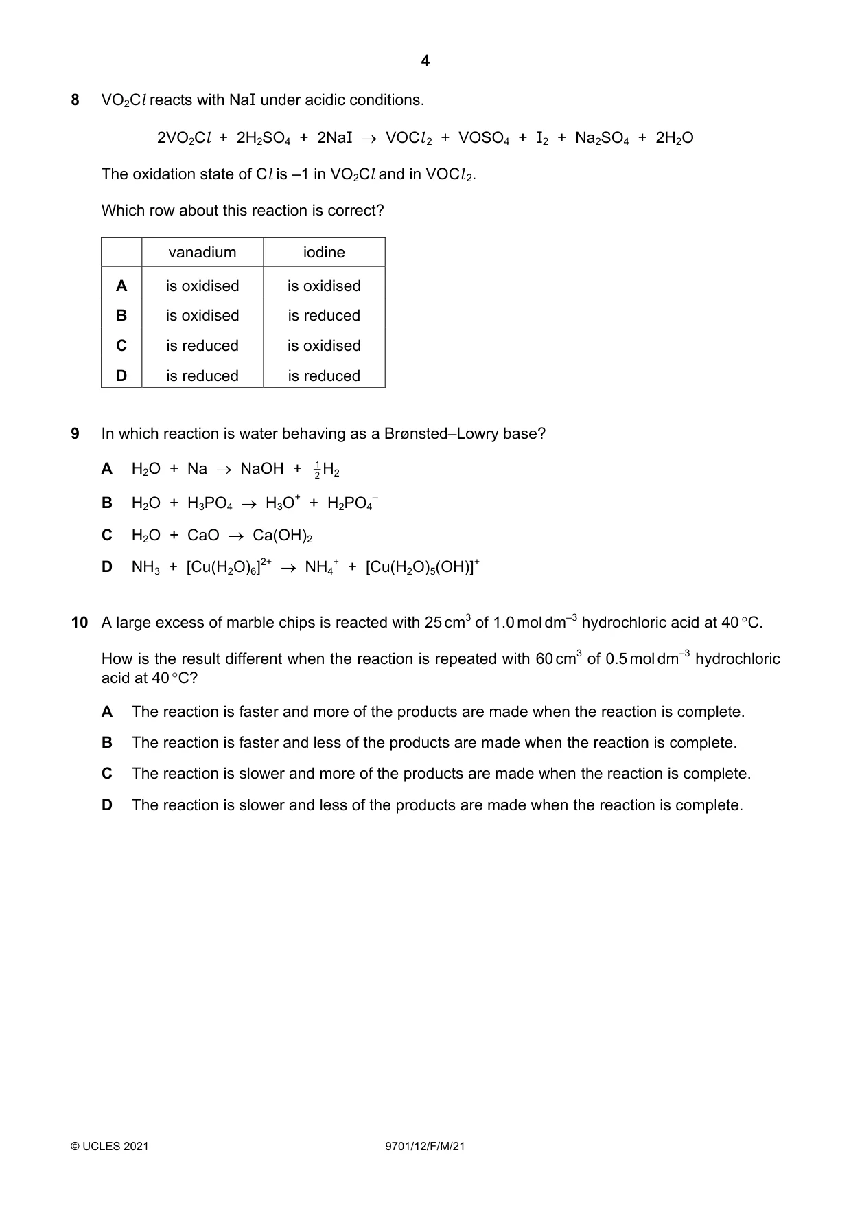 Cambridge A Level Chemistry 9701 2021 Feb/March Paper 1 · Variant 2 question paper, page 4 of 16