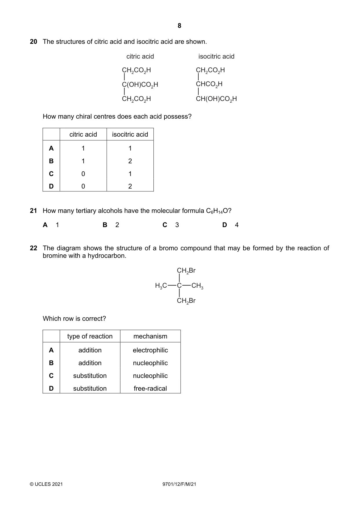 Cambridge A Level Chemistry 9701 2021 Feb/March Paper 1 · Variant 2 question paper, page 8 of 16
