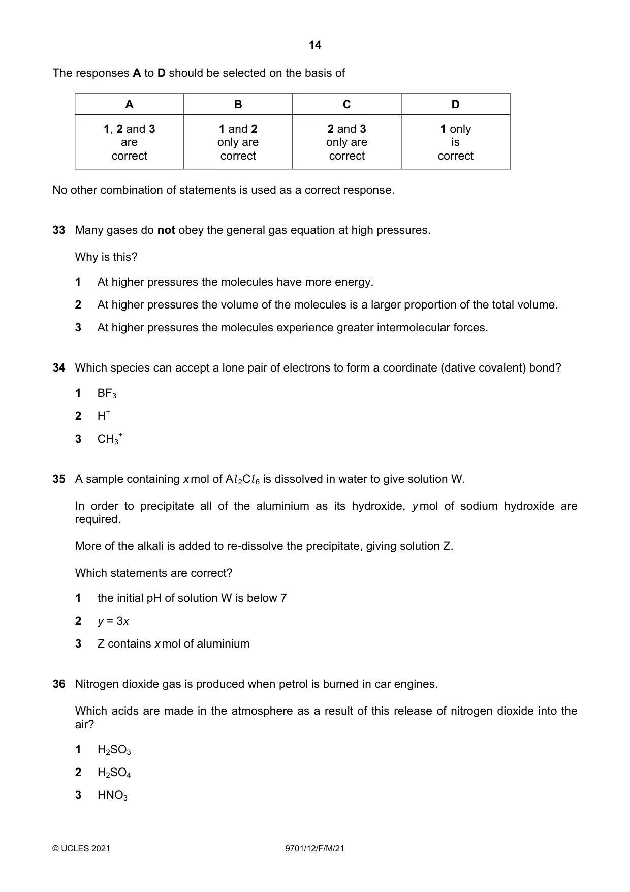 Cambridge A Level Chemistry 9701 2021 Feb/March Paper 1 · Variant 2 question paper, page 14 of 16