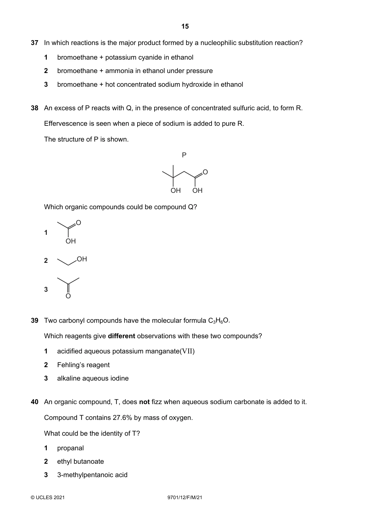 Cambridge A Level Chemistry 9701 2021 Feb/March Paper 1 · Variant 2 question paper, page 15 of 16