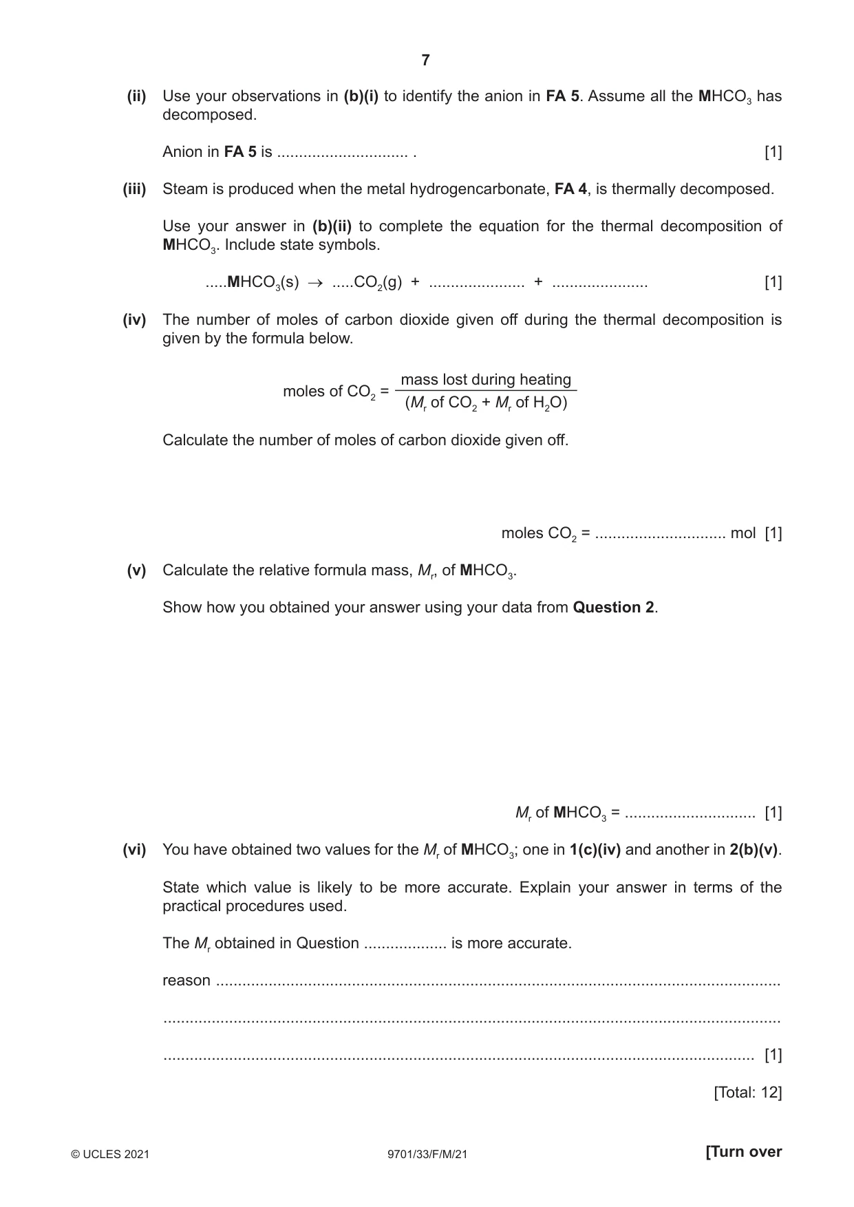 Cambridge A Level Chemistry 9701 2021 Feb/March Paper 3 · Variant 3 question paper, page 7 of 12