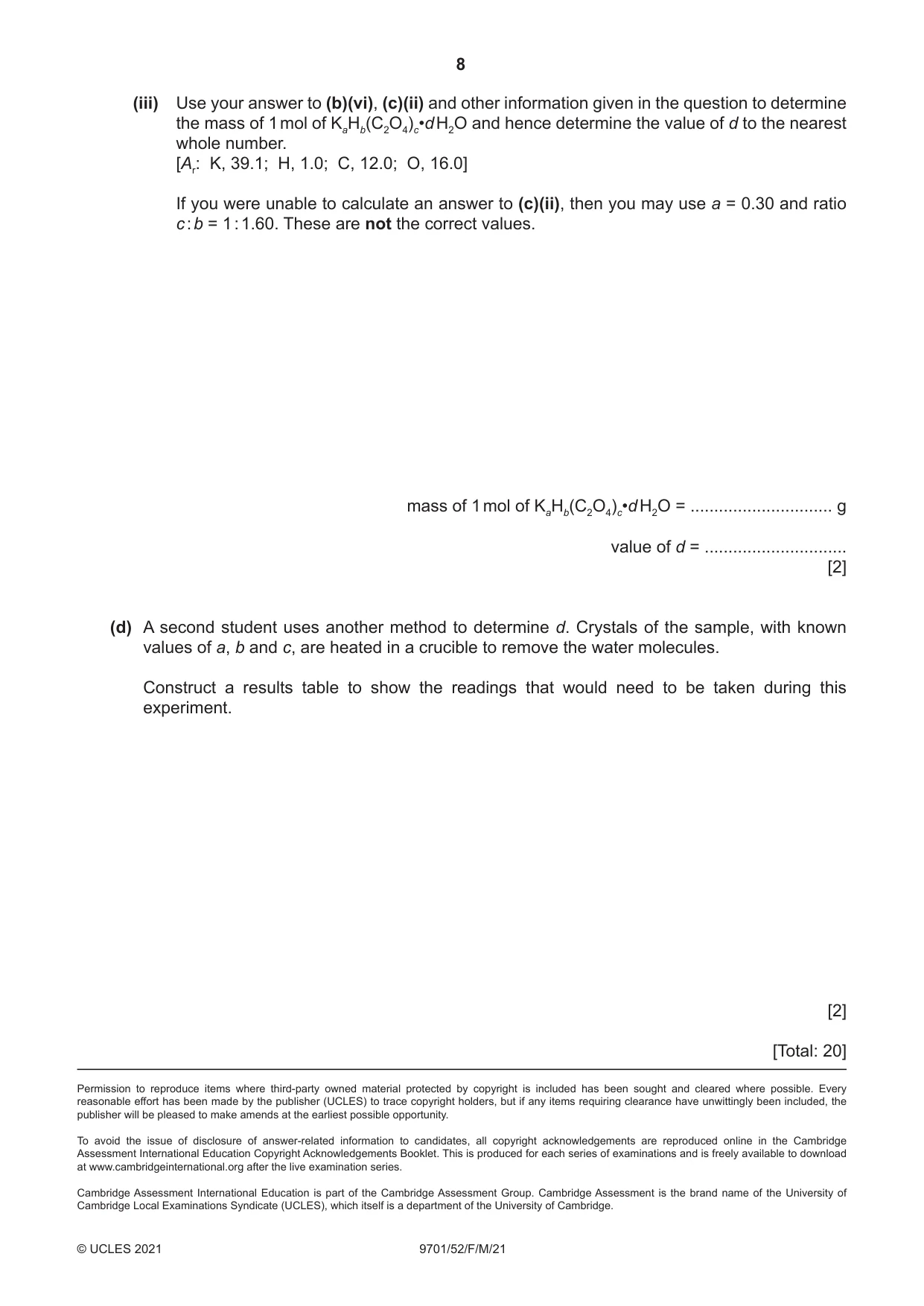 Cambridge A Level Chemistry 9701 2021 Feb/March Paper 5 · Variant 2 question paper, page 8 of 8