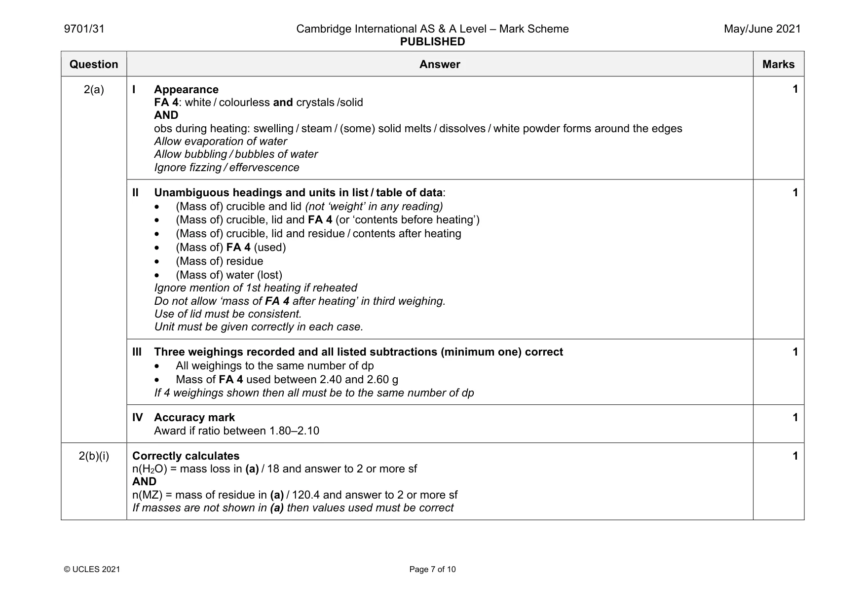 Mark scheme, page 7 of 10