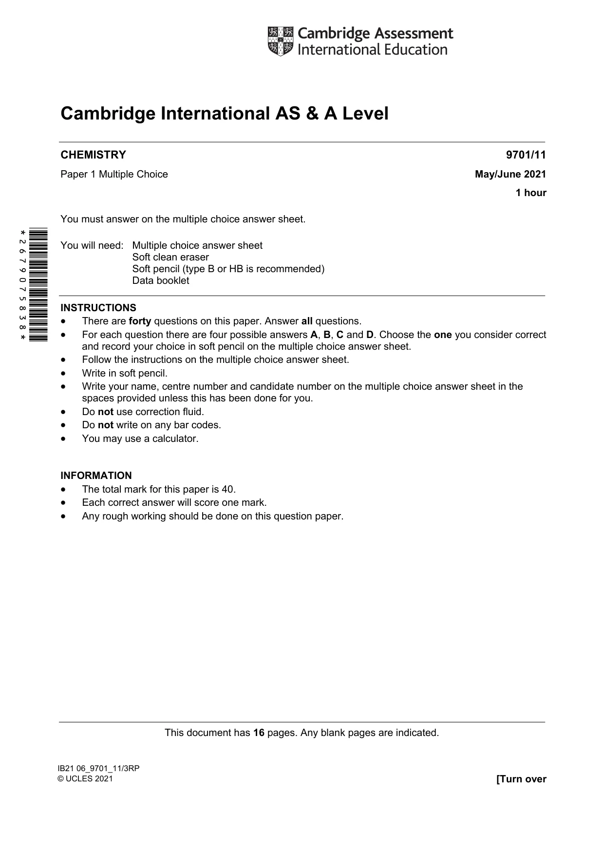 Cambridge A Level Chemistry 9701 2021 May/June Paper 1 · Variant 1 question paper, page 1 of 16