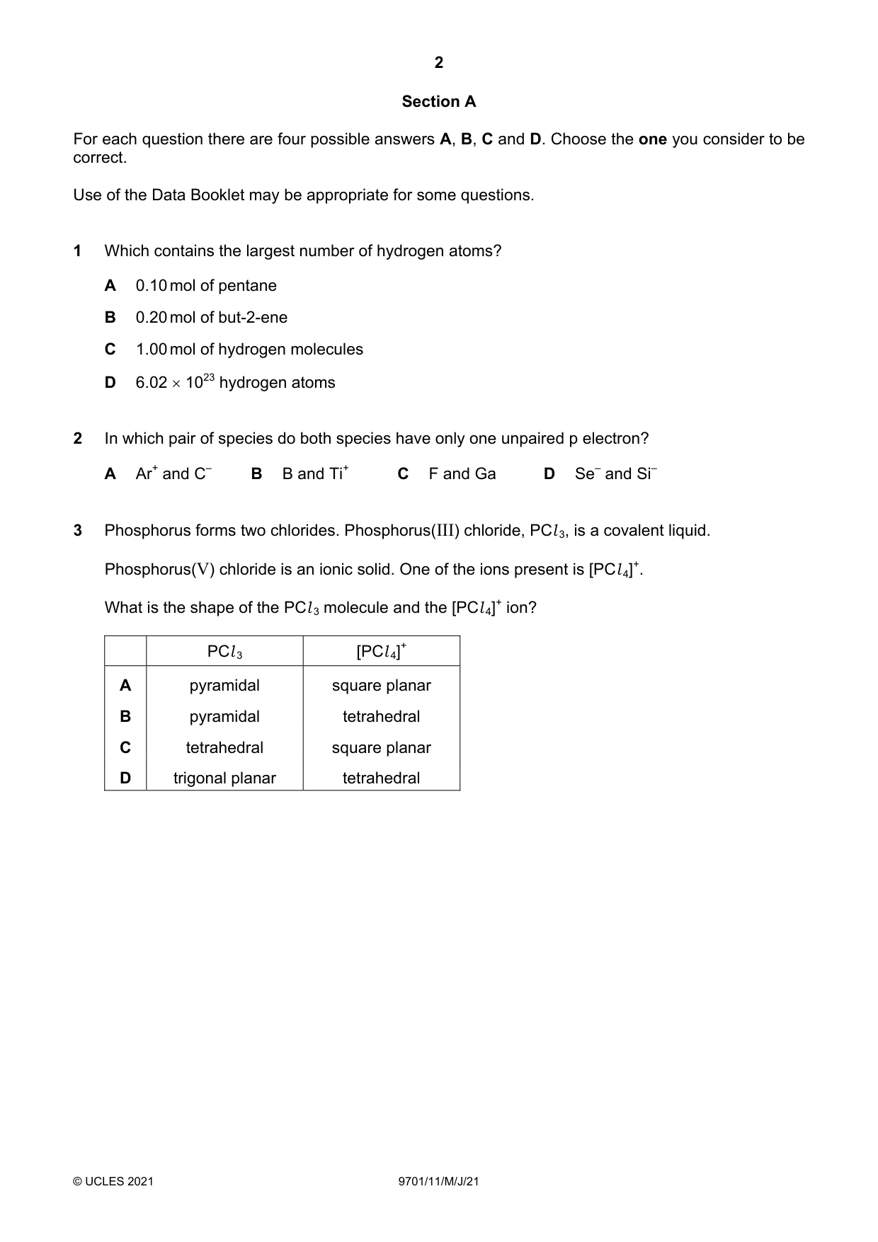 Cambridge A Level Chemistry 9701 2021 May/June Paper 1 · Variant 1 question paper, page 2 of 16