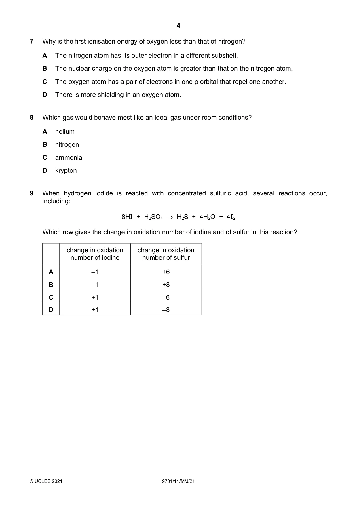 Cambridge A Level Chemistry 9701 2021 May/June Paper 1 · Variant 1 question paper, page 4 of 16