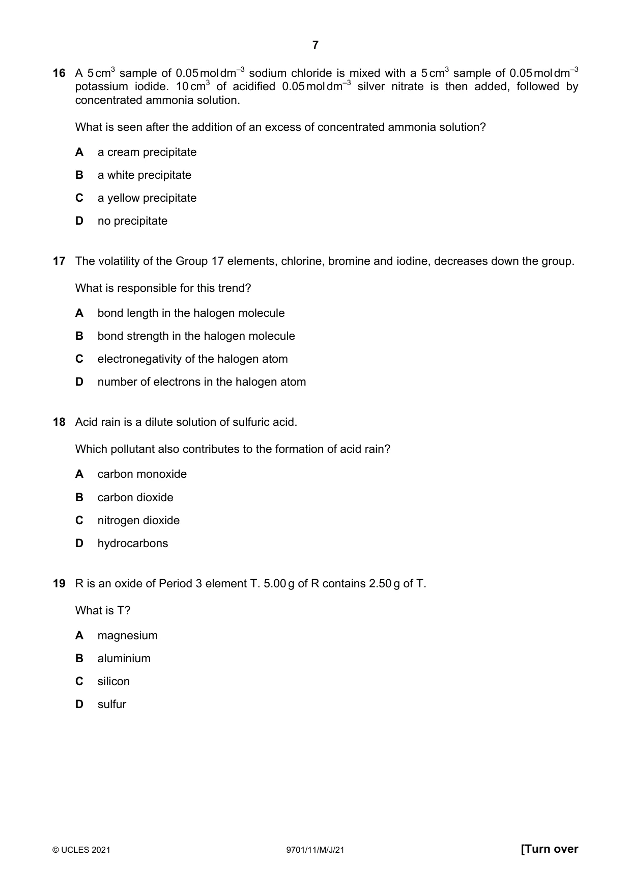 Cambridge A Level Chemistry 9701 2021 May/June Paper 1 · Variant 1 question paper, page 7 of 16