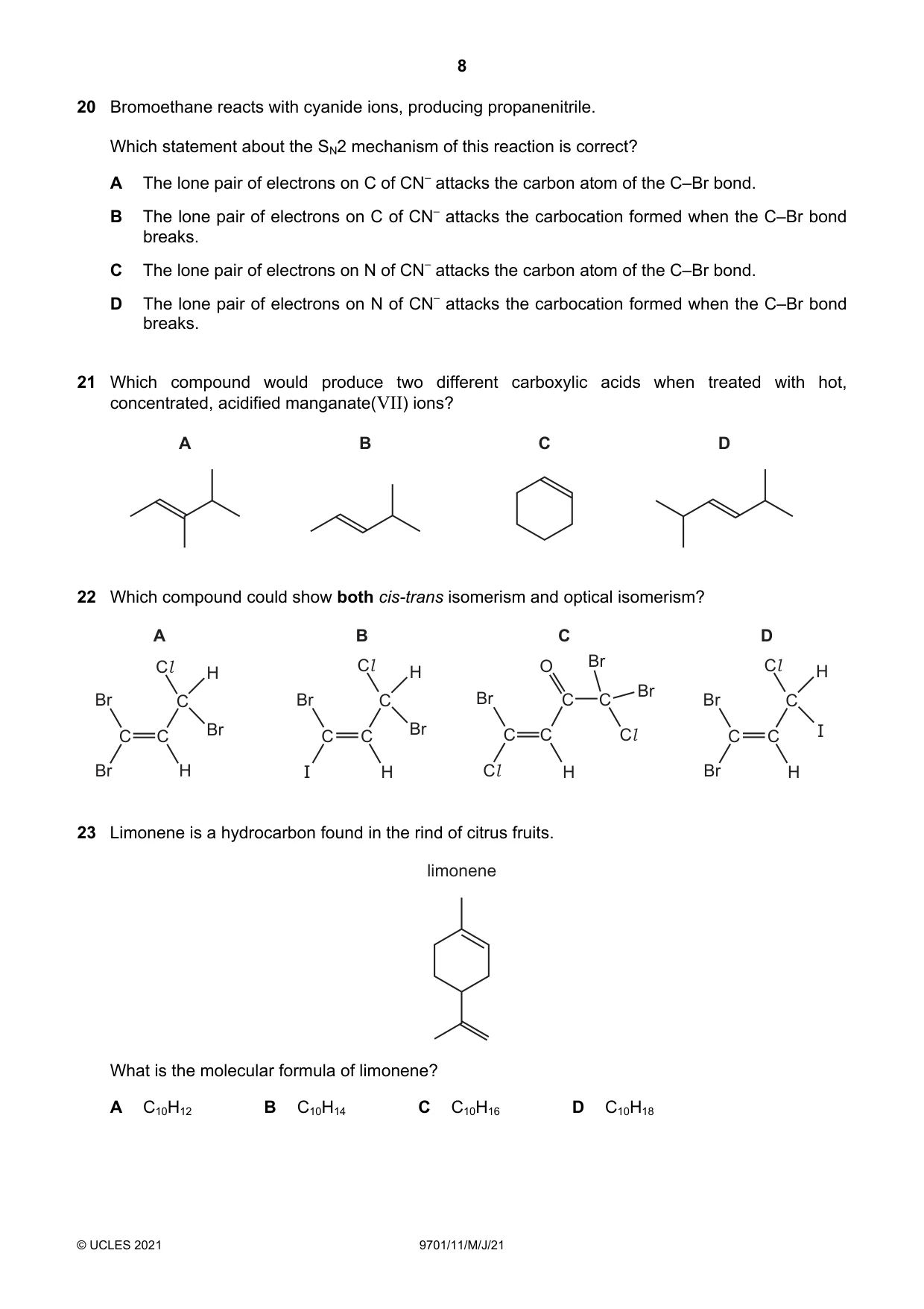 Cambridge A Level Chemistry 9701 2021 May/June Paper 1 · Variant 1 question paper, page 8 of 16