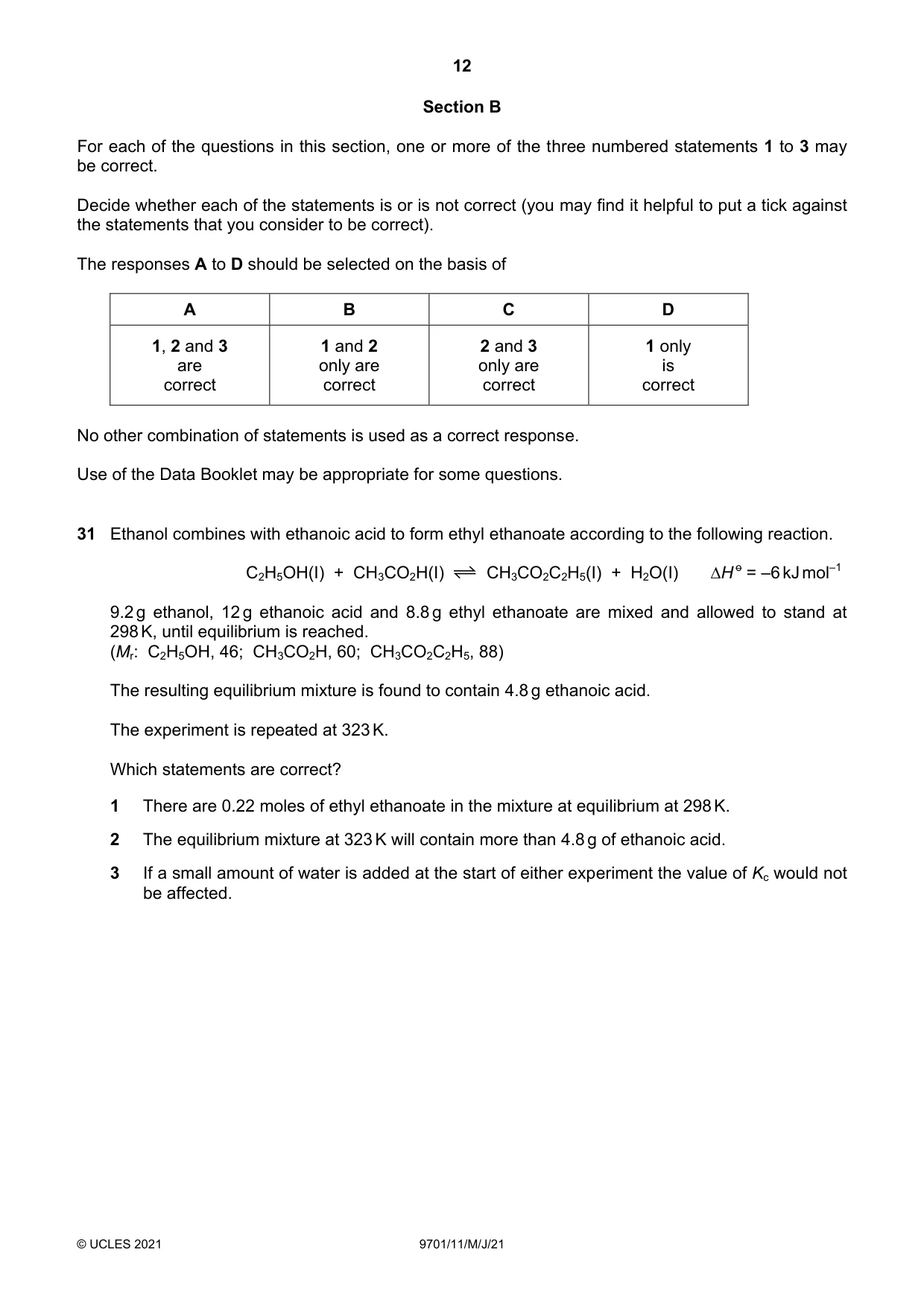 Cambridge A Level Chemistry 9701 2021 May/June Paper 1 · Variant 1 question paper, page 12 of 16