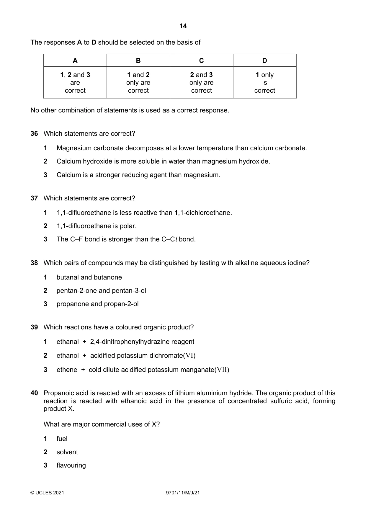 Cambridge A Level Chemistry 9701 2021 May/June Paper 1 · Variant 1 question paper, page 14 of 16