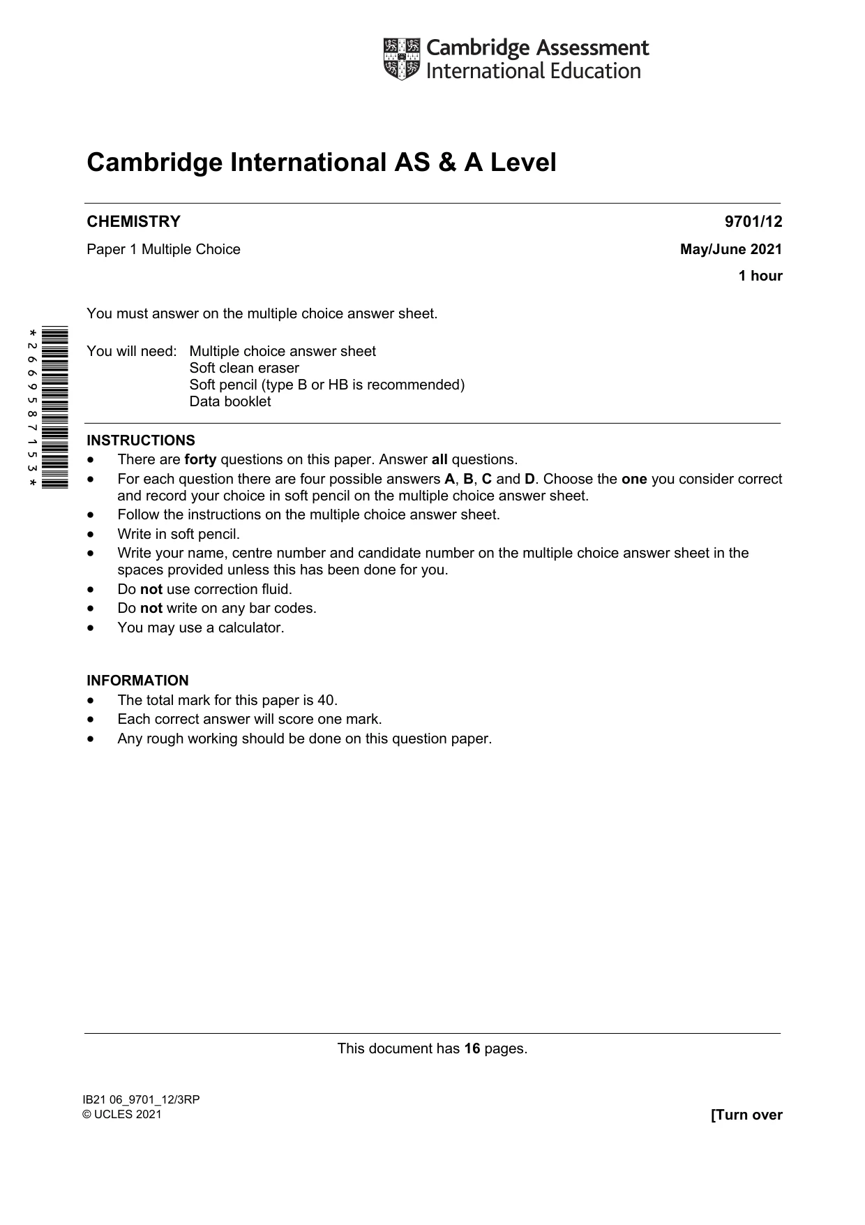 Cambridge A Level Chemistry 9701 2021 May/June Paper 1 · Variant 2 question paper, page 1 of 16