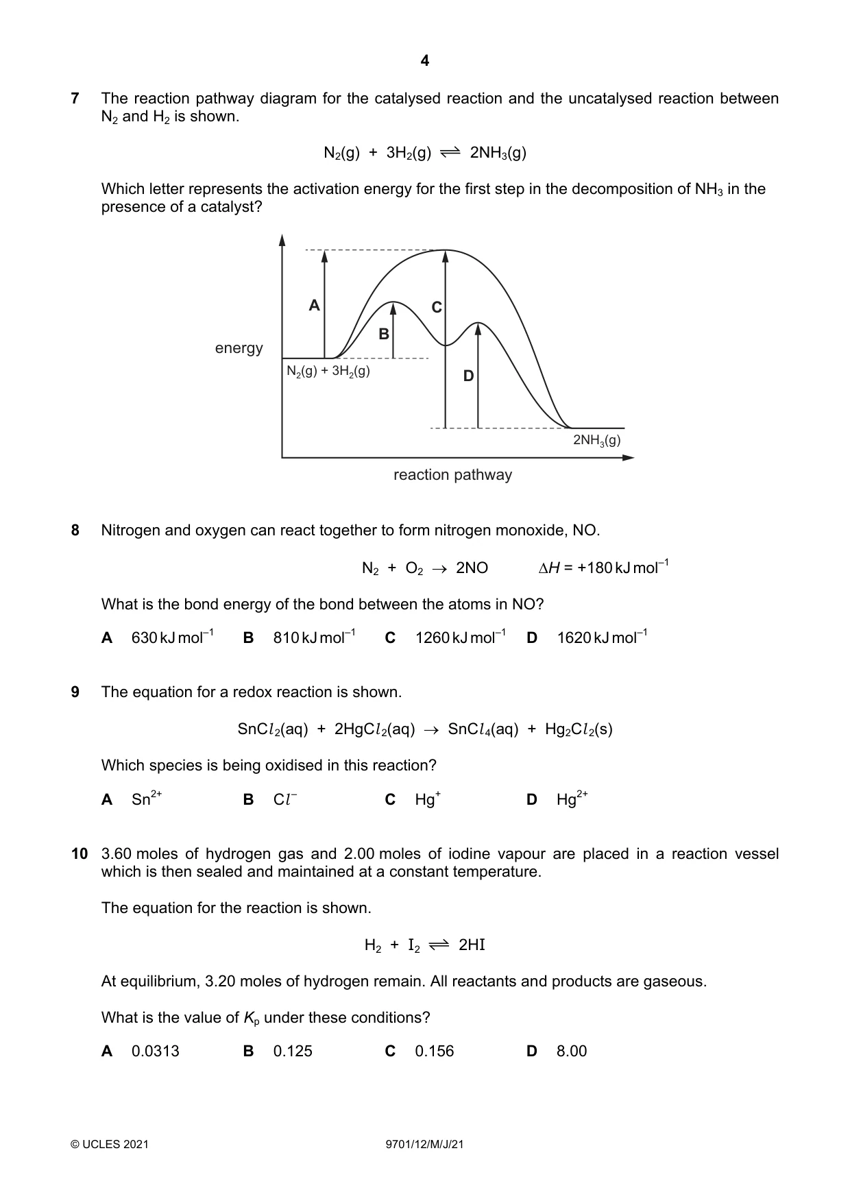 Cambridge A Level Chemistry 9701 2021 May/June Paper 1 · Variant 2 question paper, page 4 of 16