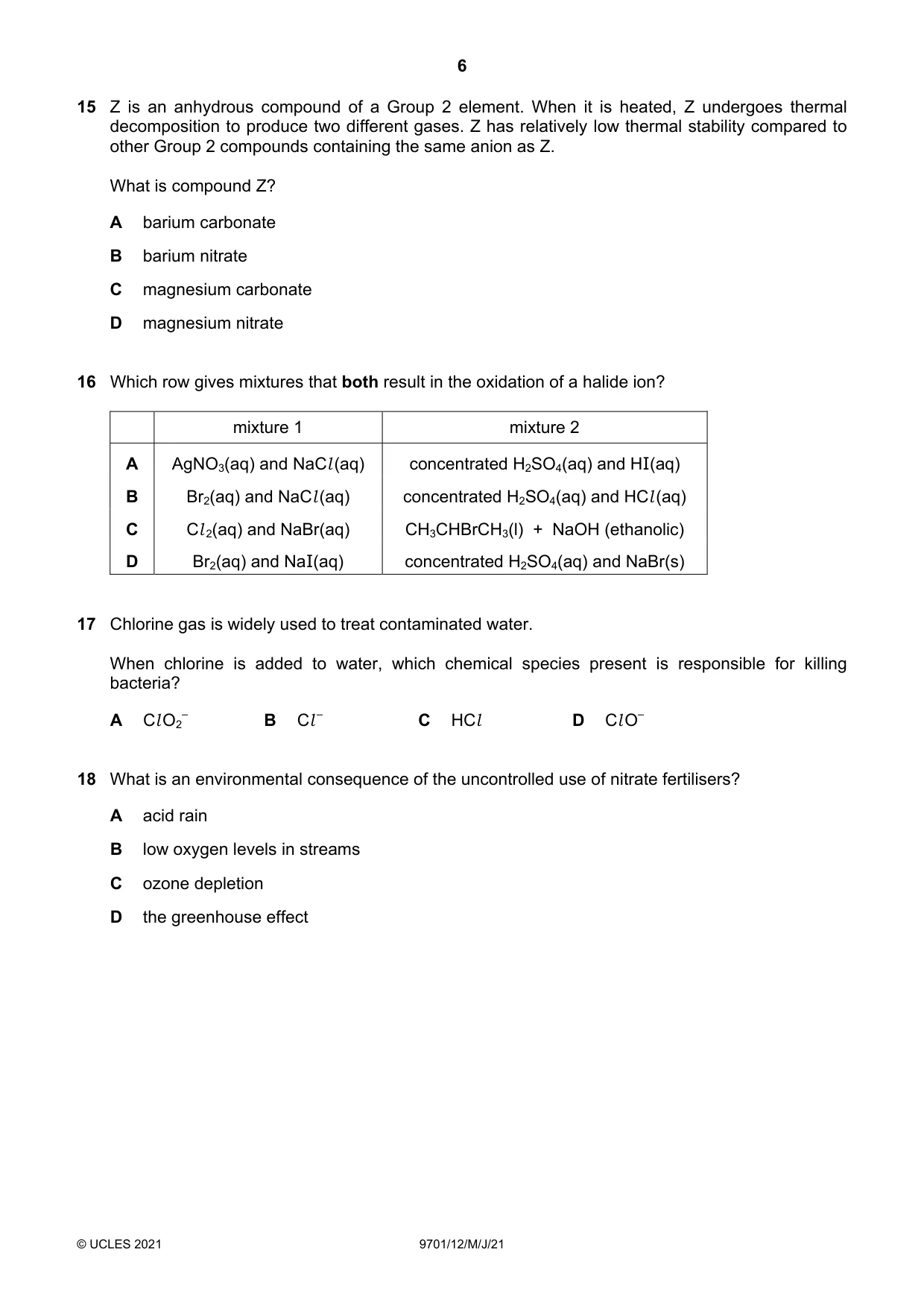 Cambridge A Level Chemistry 9701 2021 May/June Paper 1 · Variant 2 question paper, page 6 of 16