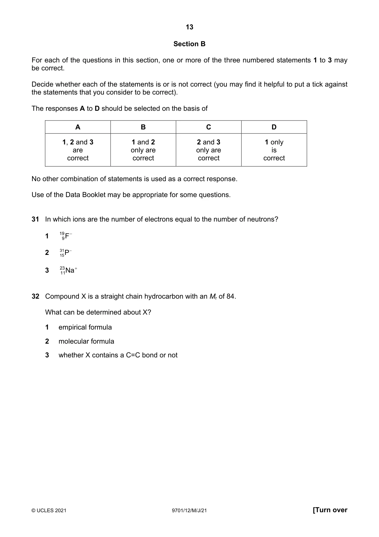Cambridge A Level Chemistry 9701 2021 May/June Paper 1 · Variant 2 question paper, page 13 of 16