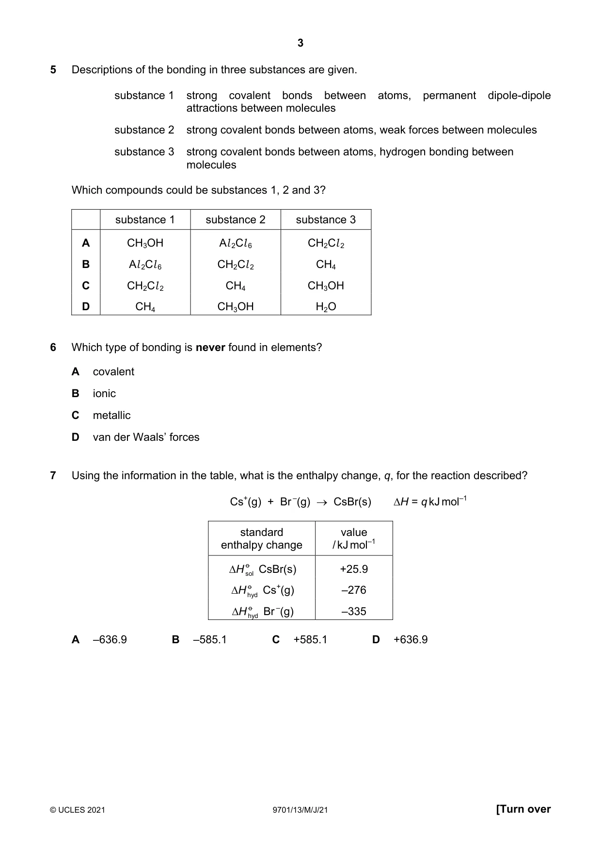 Cambridge A Level Chemistry 9701 2021 May/June Paper 1 · Variant 3 question paper, page 3 of 16