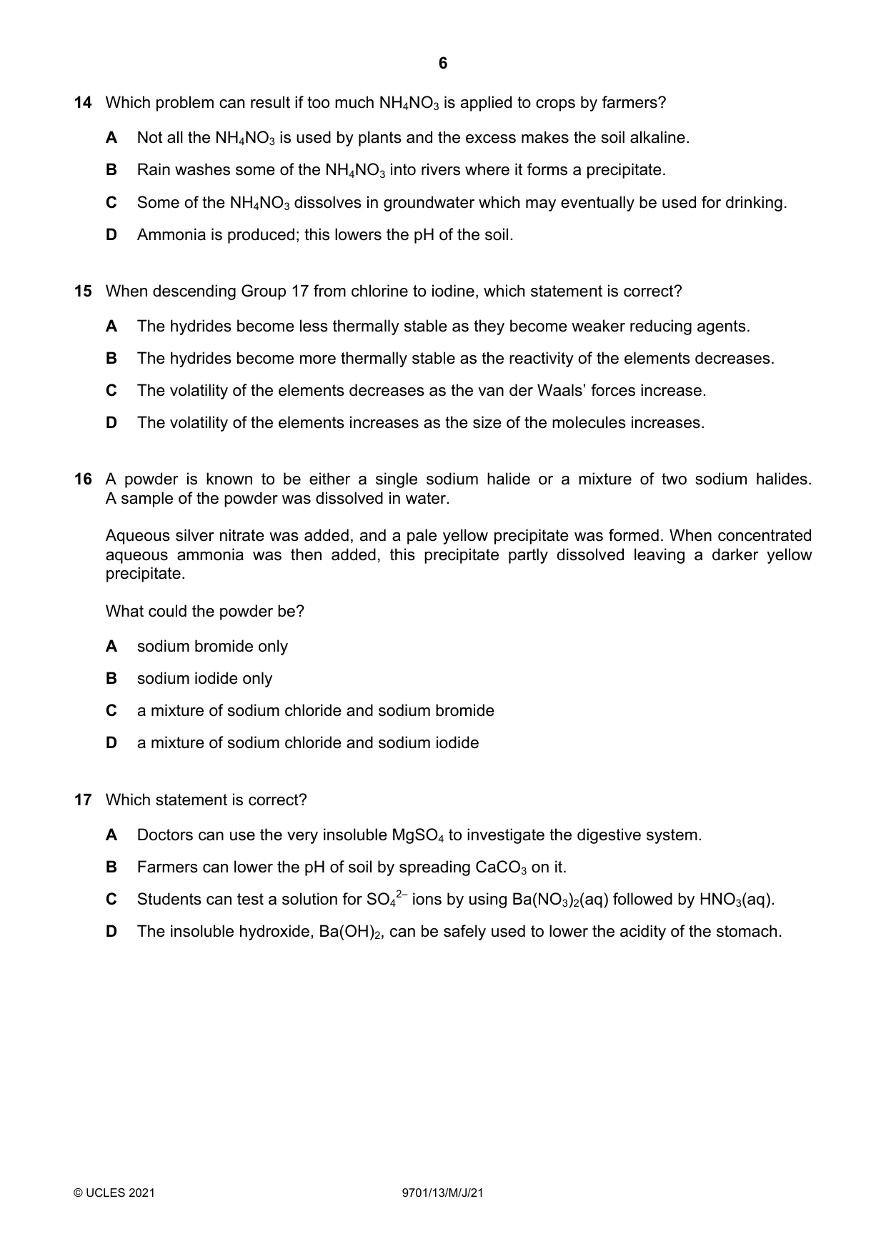 Cambridge A Level Chemistry 9701 2021 May/June Paper 1 · Variant 3 question paper, page 6 of 16