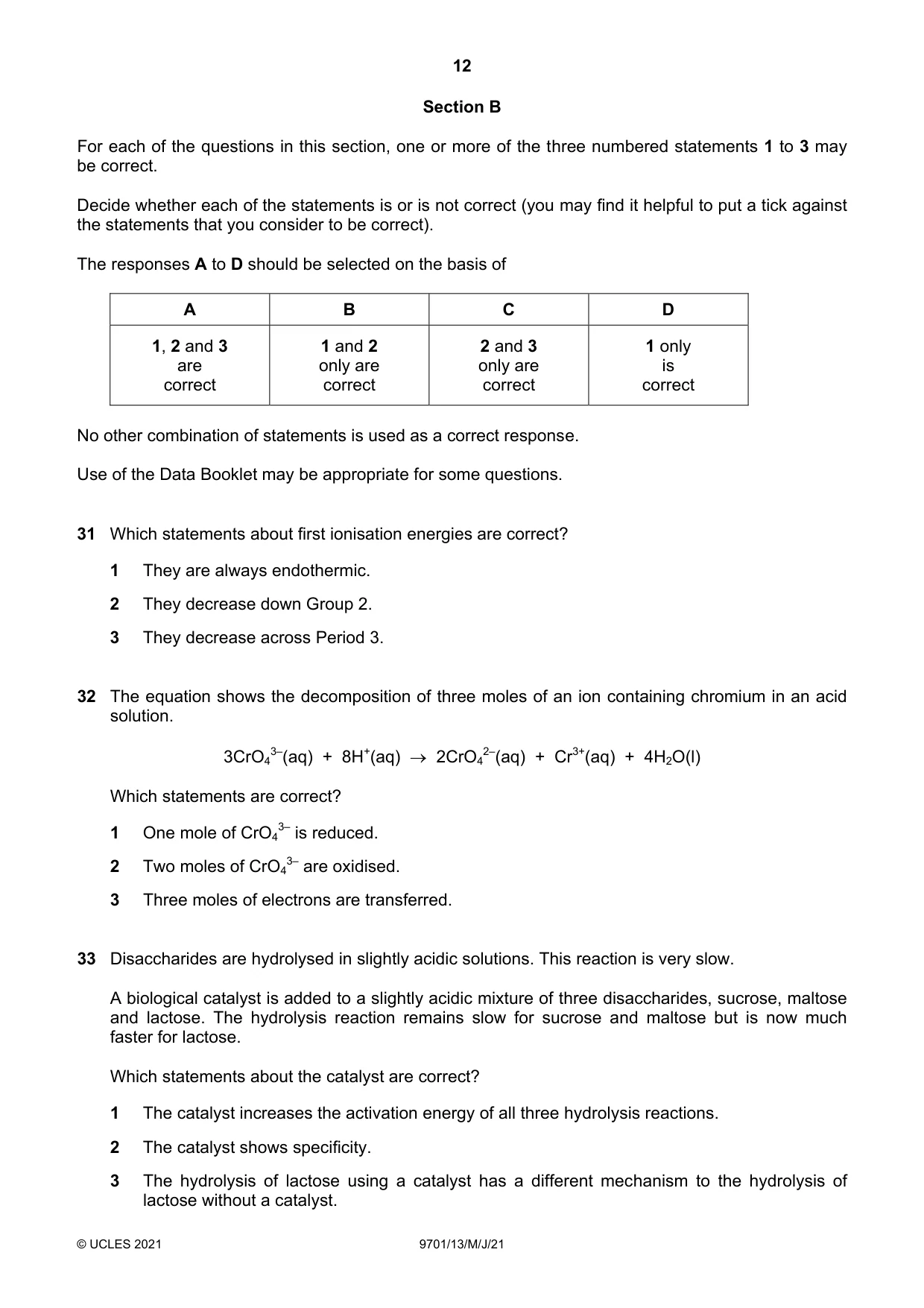 Cambridge A Level Chemistry 9701 2021 May/June Paper 1 · Variant 3 question paper, page 12 of 16