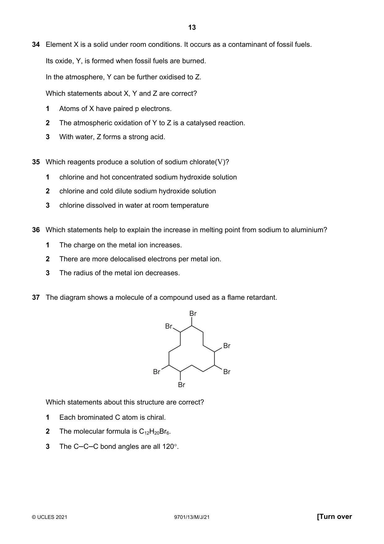 Cambridge A Level Chemistry 9701 2021 May/June Paper 1 · Variant 3 question paper, page 13 of 16