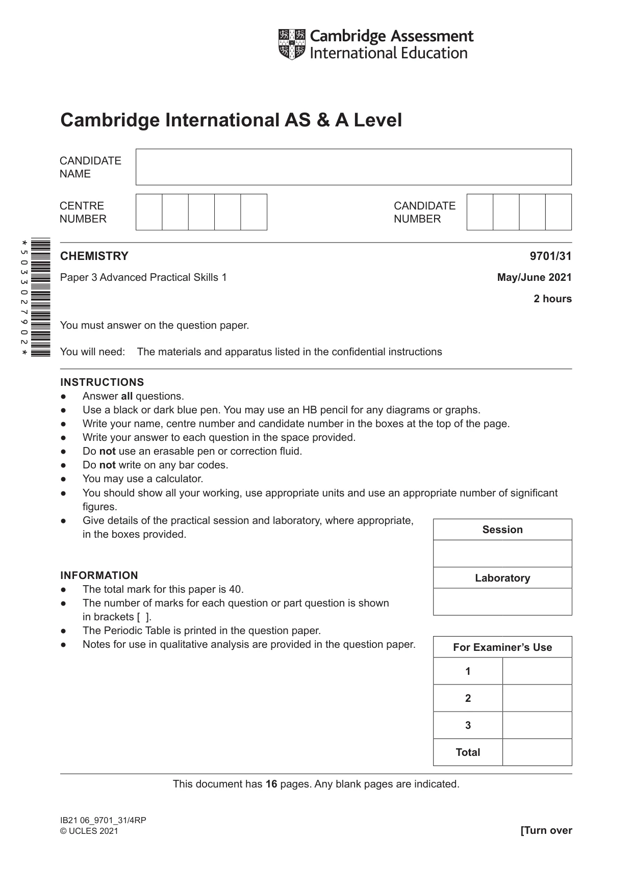 Cambridge A Level Chemistry 9701 2021 May/June Paper 3 · Variant 1 question paper, page 1 of 16