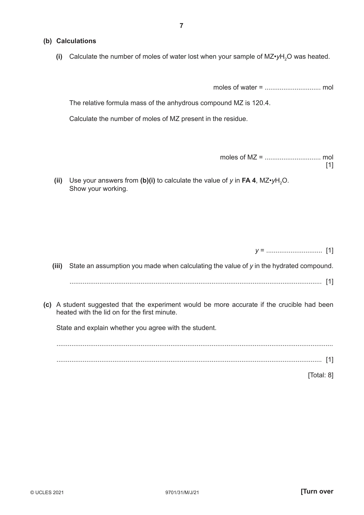 Cambridge A Level Chemistry 9701 2021 May/June Paper 3 · Variant 1 question paper, page 7 of 16