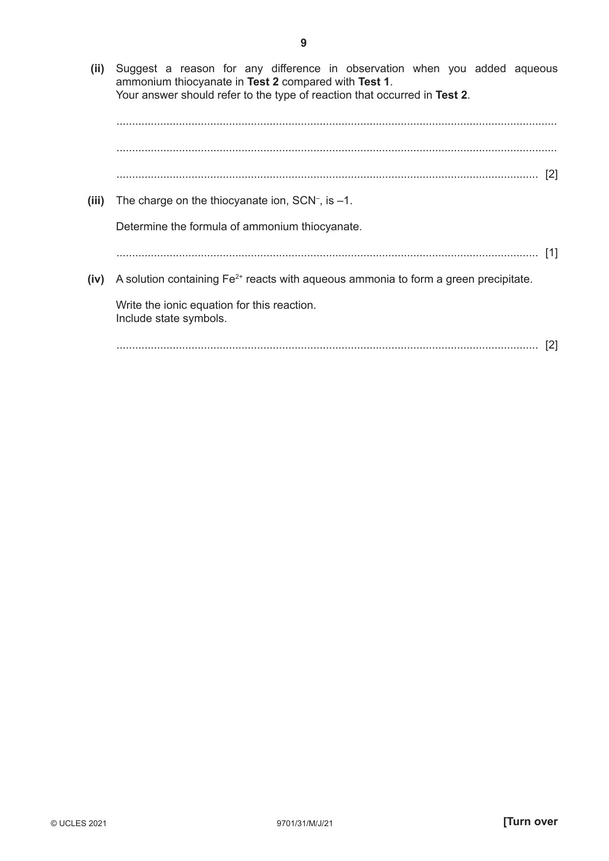 Cambridge A Level Chemistry 9701 2021 May/June Paper 3 · Variant 1 question paper, page 9 of 16