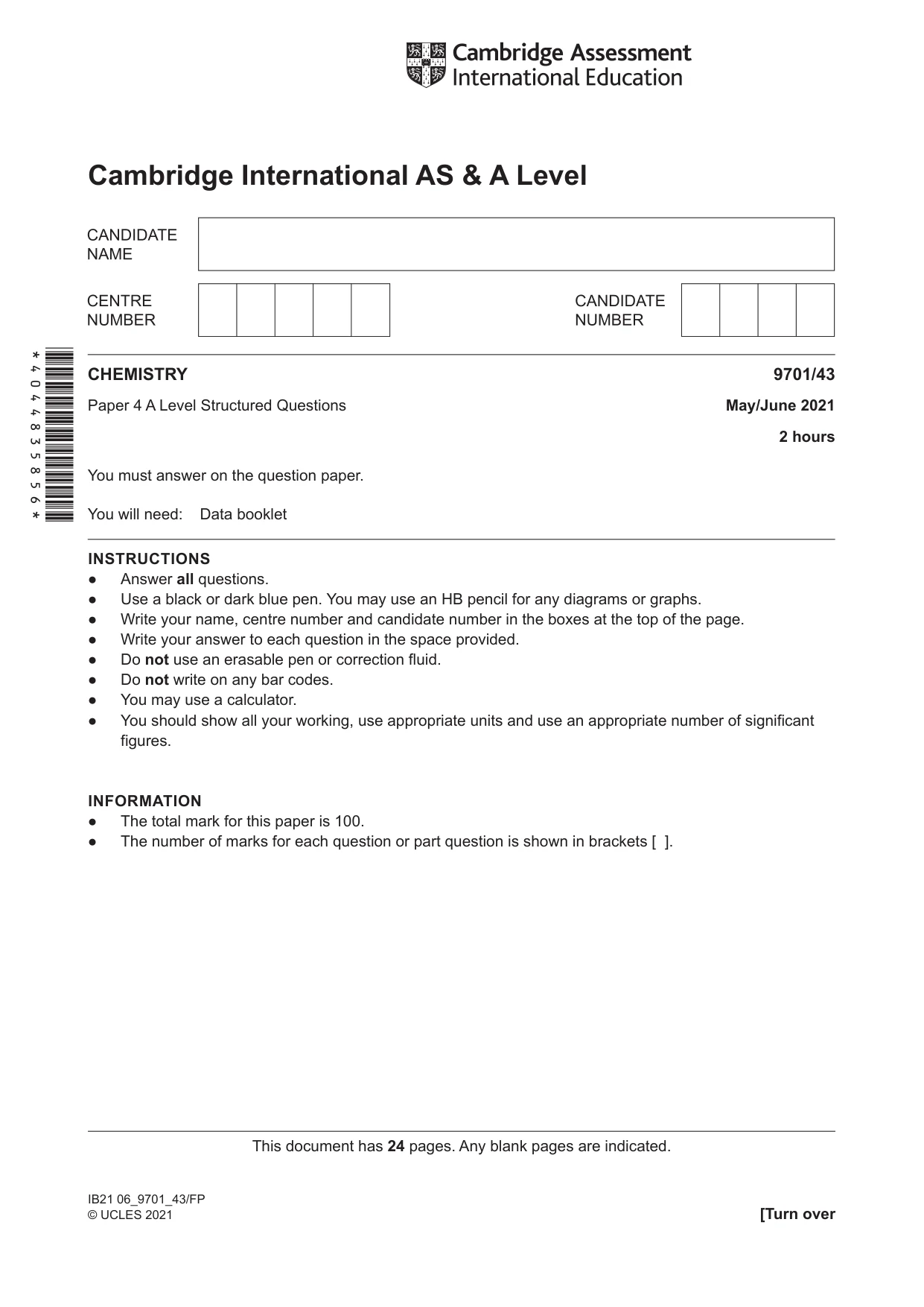 Cambridge A Level Chemistry 9701 2021 May/June Paper 4 · Variant 3 question paper, page 1 of 24