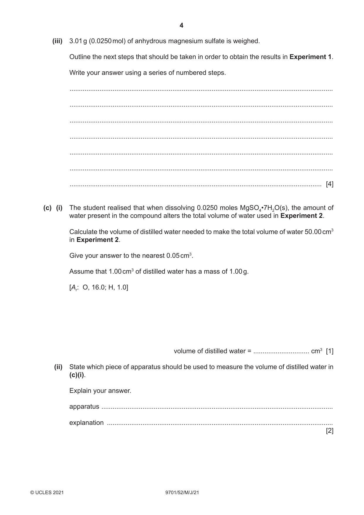 Cambridge A Level Chemistry 9701 2021 May/June Paper 5 · Variant 2 question paper, page 4 of 12