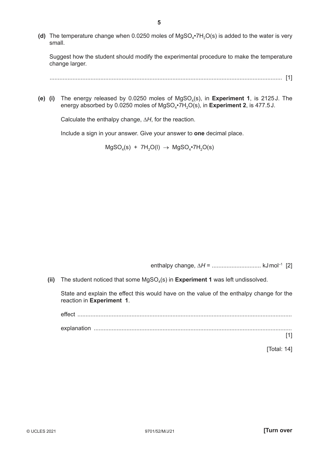 Cambridge A Level Chemistry 9701 2021 May/June Paper 5 · Variant 2 question paper, page 5 of 12