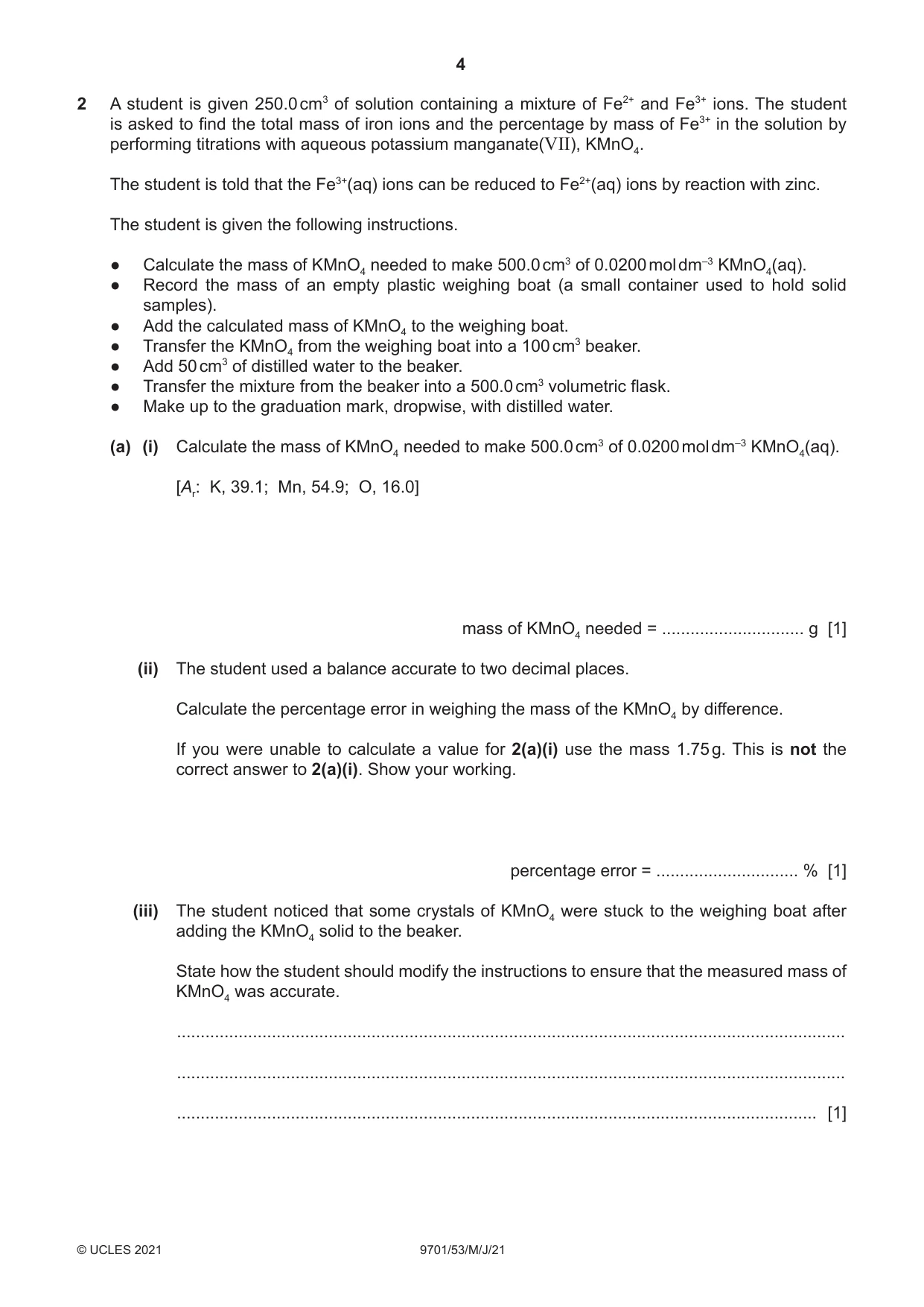 Cambridge A Level Chemistry 9701 2021 May/June Paper 5 · Variant 3 question paper, page 4 of 8