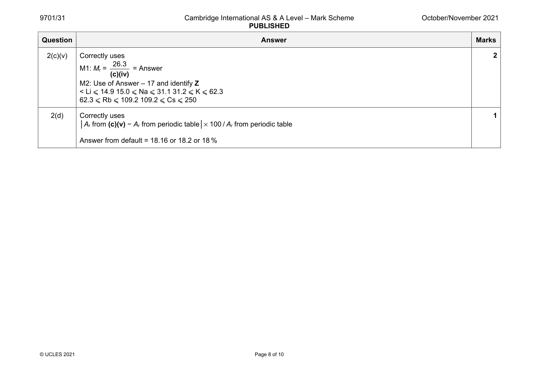 Mark scheme, page 8 of 10