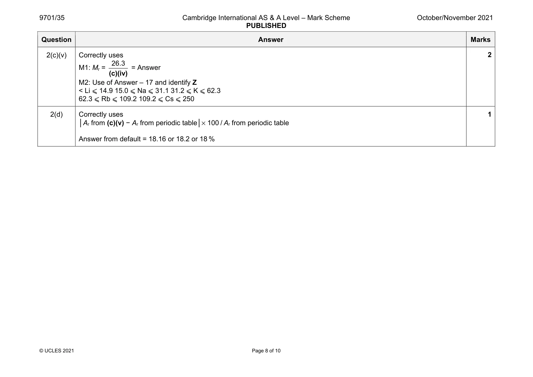 Mark scheme, page 8 of 10
