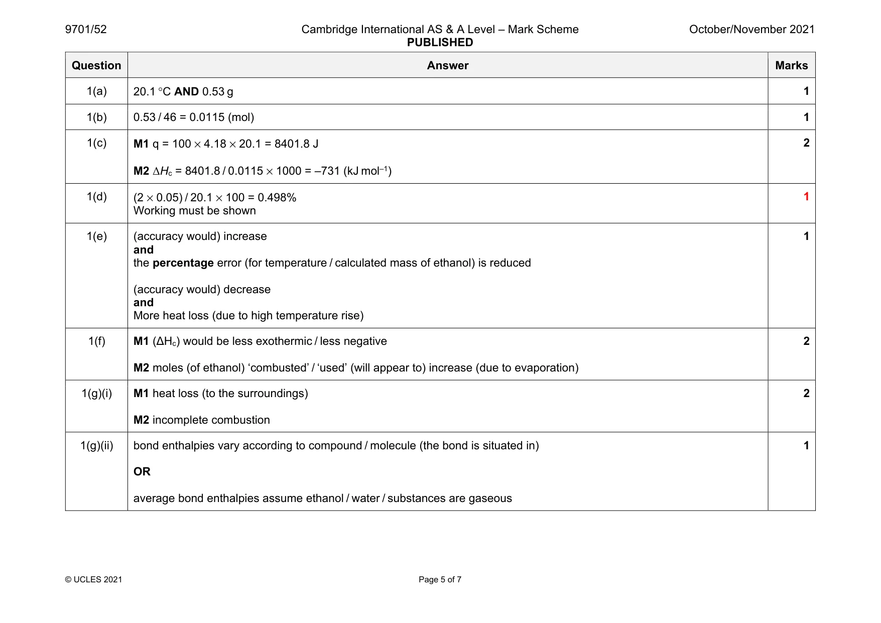 Mark scheme, page 5 of 7