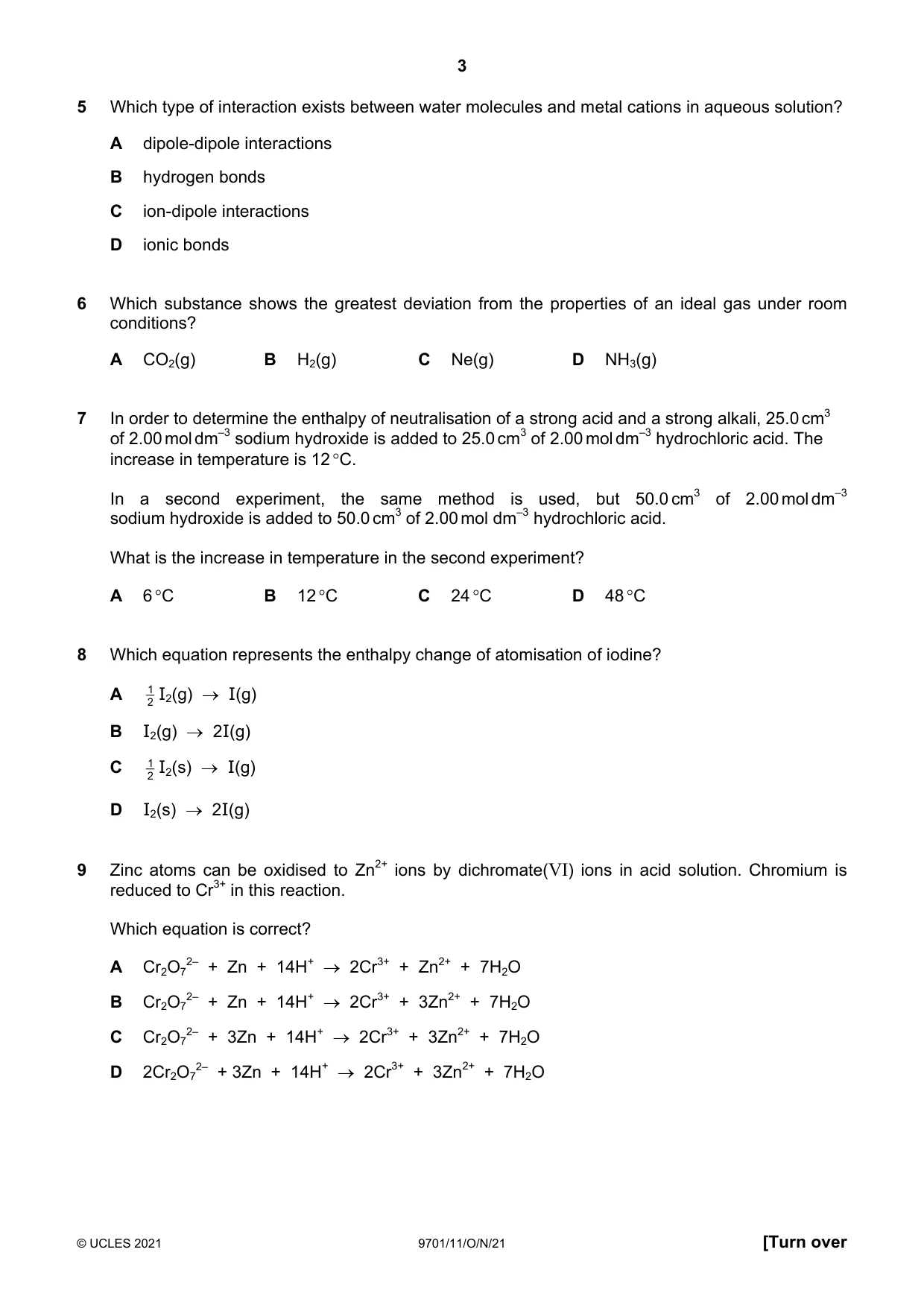 Cambridge A Level Chemistry 9701 2021 Oct/Nov Paper 1 · Variant 1 question paper, page 3 of 16