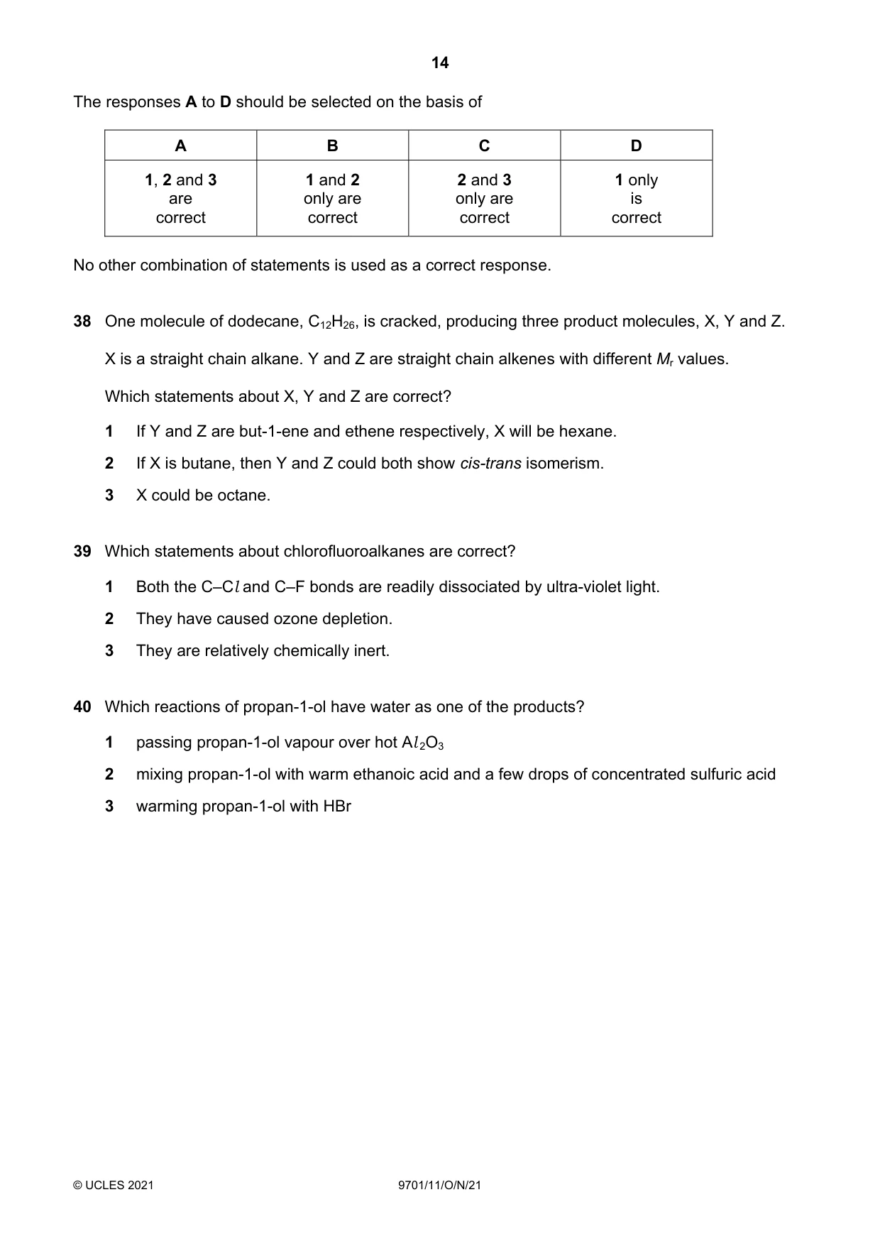 Cambridge A Level Chemistry 9701 2021 Oct/Nov Paper 1 · Variant 1 question paper, page 14 of 16
