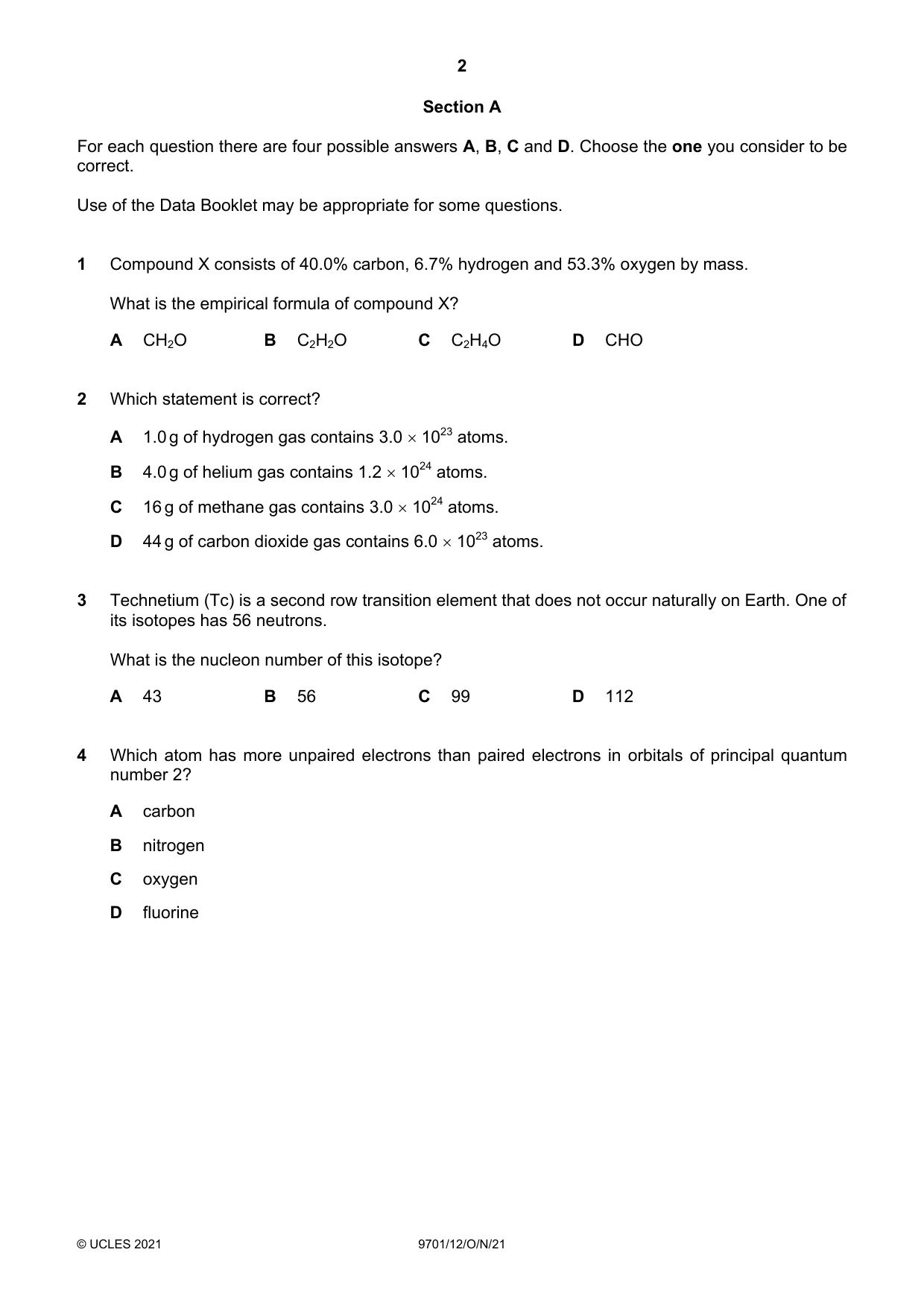 Cambridge A Level Chemistry 9701 2021 Oct/Nov Paper 1 · Variant 2 question paper, page 2 of 16