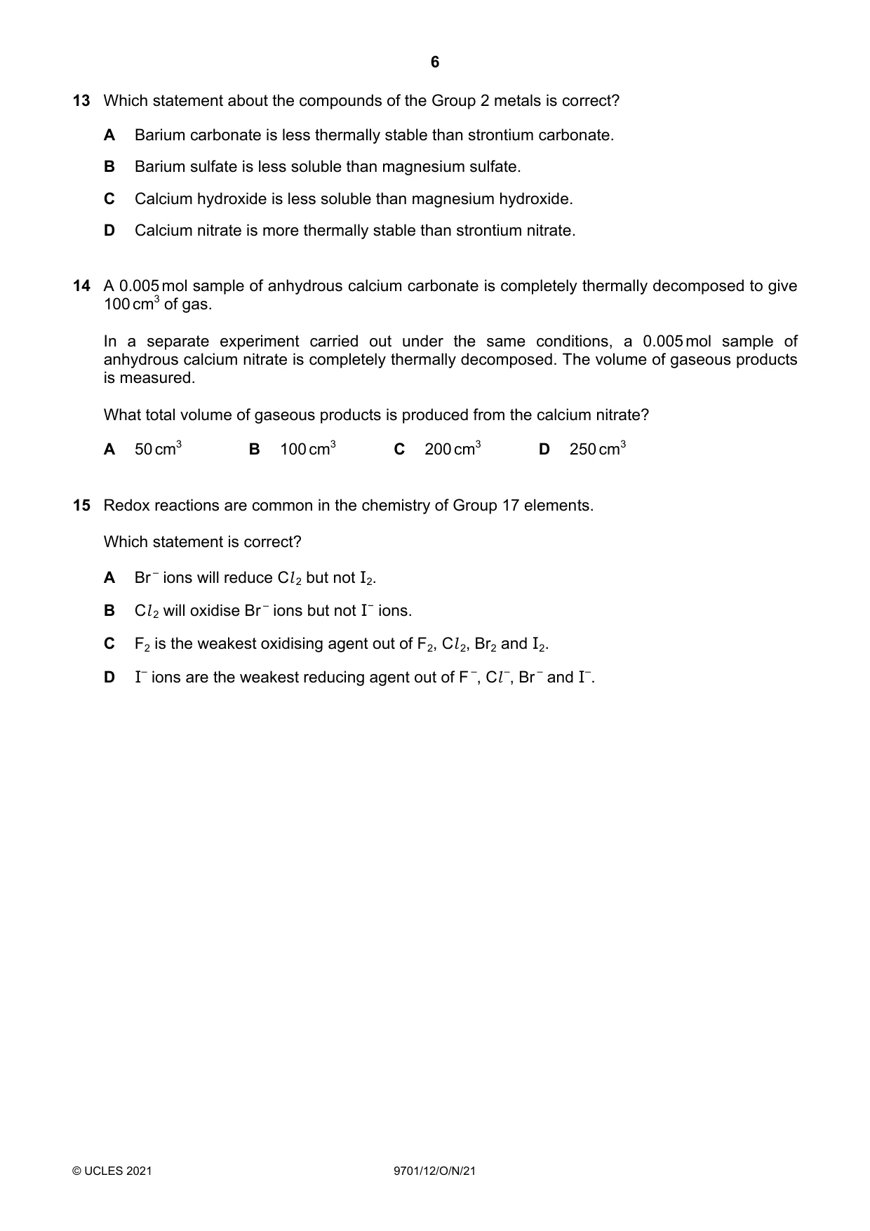 Cambridge A Level Chemistry 9701 2021 Oct/Nov Paper 1 · Variant 2 question paper, page 6 of 16