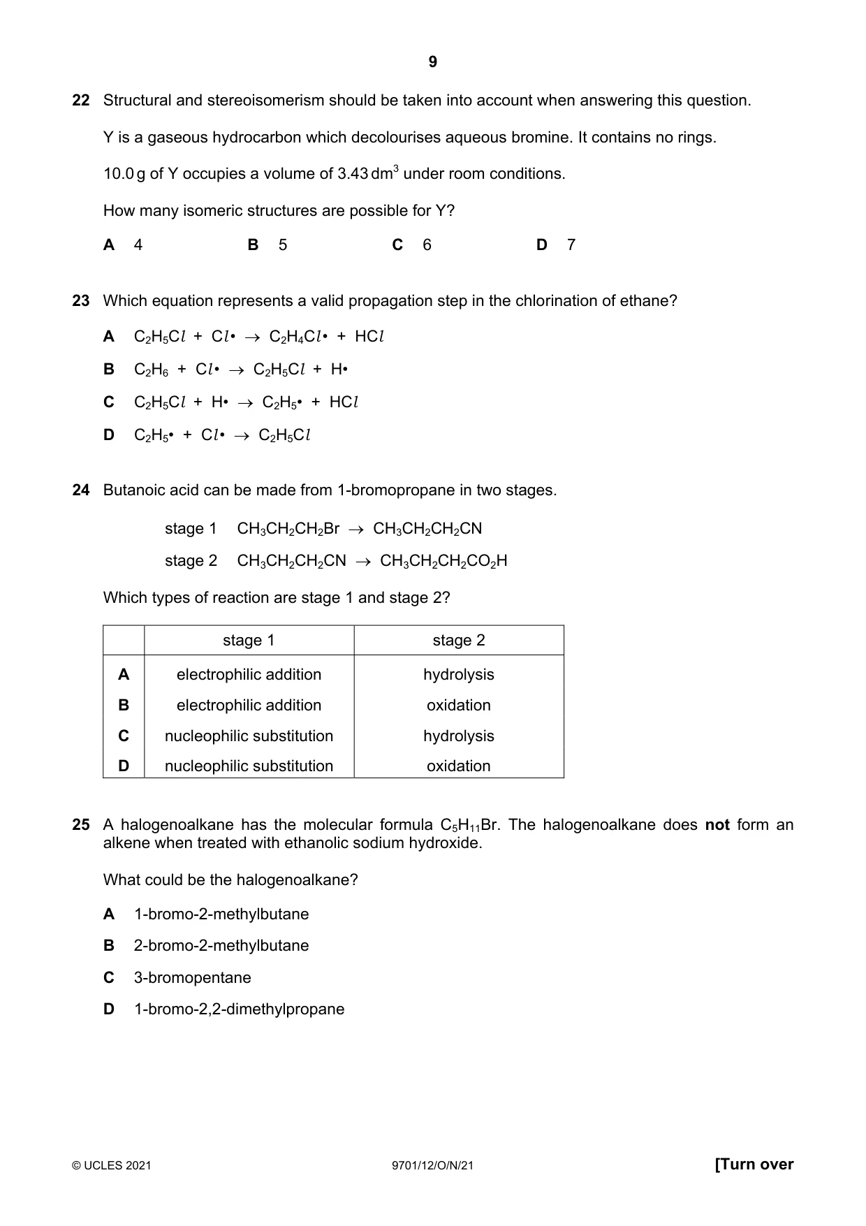 Cambridge A Level Chemistry 9701 2021 Oct/Nov Paper 1 · Variant 2 question paper, page 9 of 16