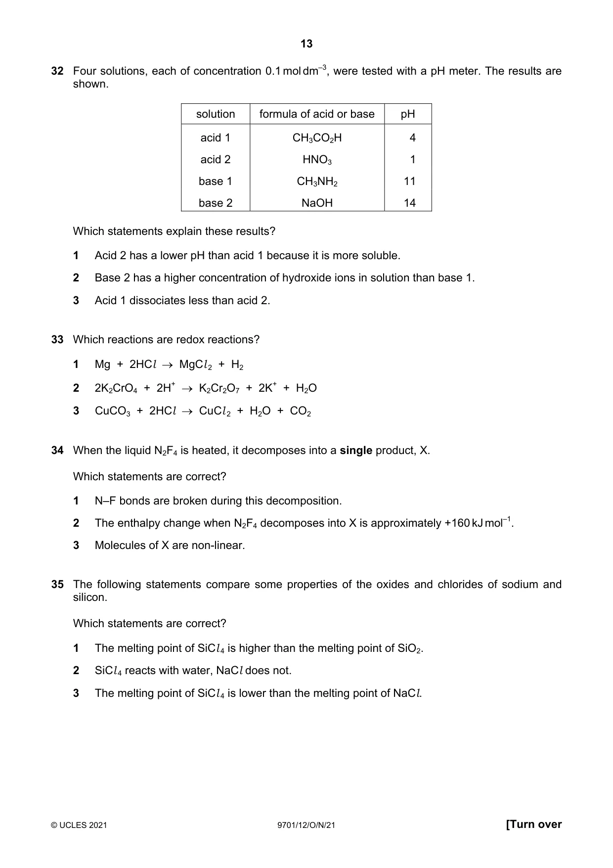 Cambridge A Level Chemistry 9701 2021 Oct/Nov Paper 1 · Variant 2 question paper, page 13 of 16