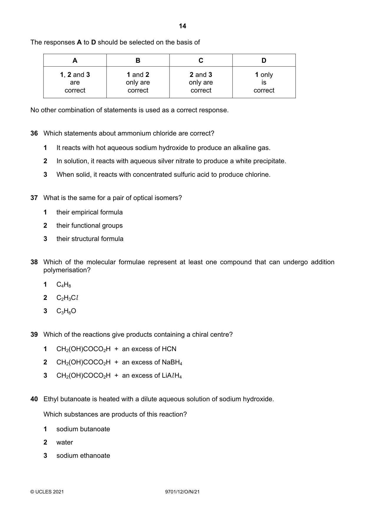 Cambridge A Level Chemistry 9701 2021 Oct/Nov Paper 1 · Variant 2 question paper, page 14 of 16