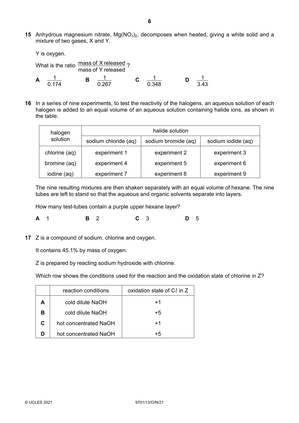 Cambridge A Level Chemistry 9701 2021 Oct/Nov Paper 1 · Variant 3 question paper, page 6 of 16