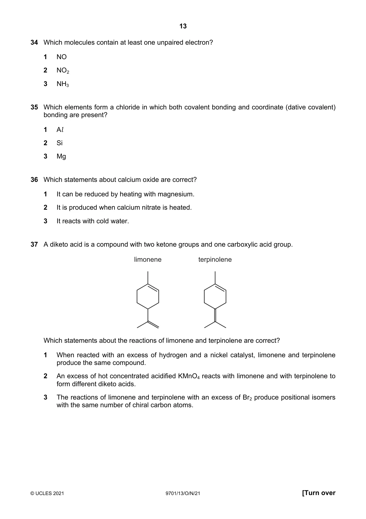 Cambridge A Level Chemistry 9701 2021 Oct/Nov Paper 1 · Variant 3 question paper, page 13 of 16