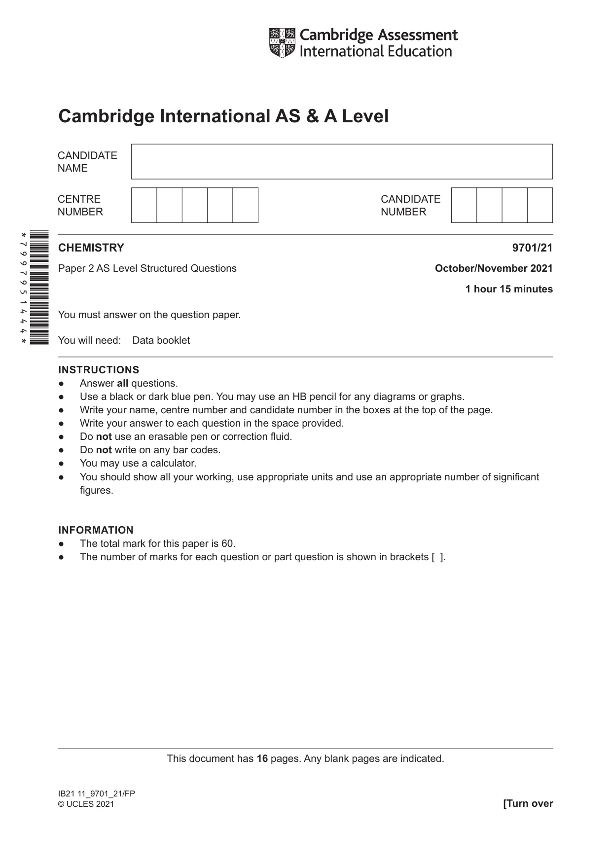 Cambridge A Level Chemistry 9701 2021 Oct/Nov Paper 2 · Variant 1 question paper, page 1 of 16