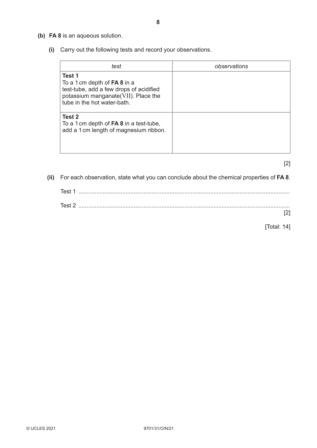 Cambridge A Level Chemistry 9701 2021 Oct/Nov Paper 3 · Variant 1 question paper, page 8 of 12