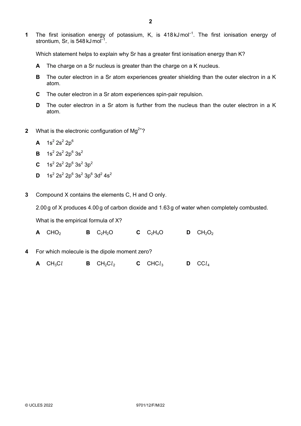 Cambridge A Level Chemistry 9701 2022 Feb/March Paper 1 · Variant 2 question paper, page 2 of 20