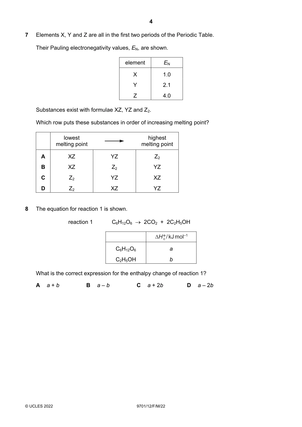 Cambridge A Level Chemistry 9701 2022 Feb/March Paper 1 · Variant 2 question paper, page 4 of 20