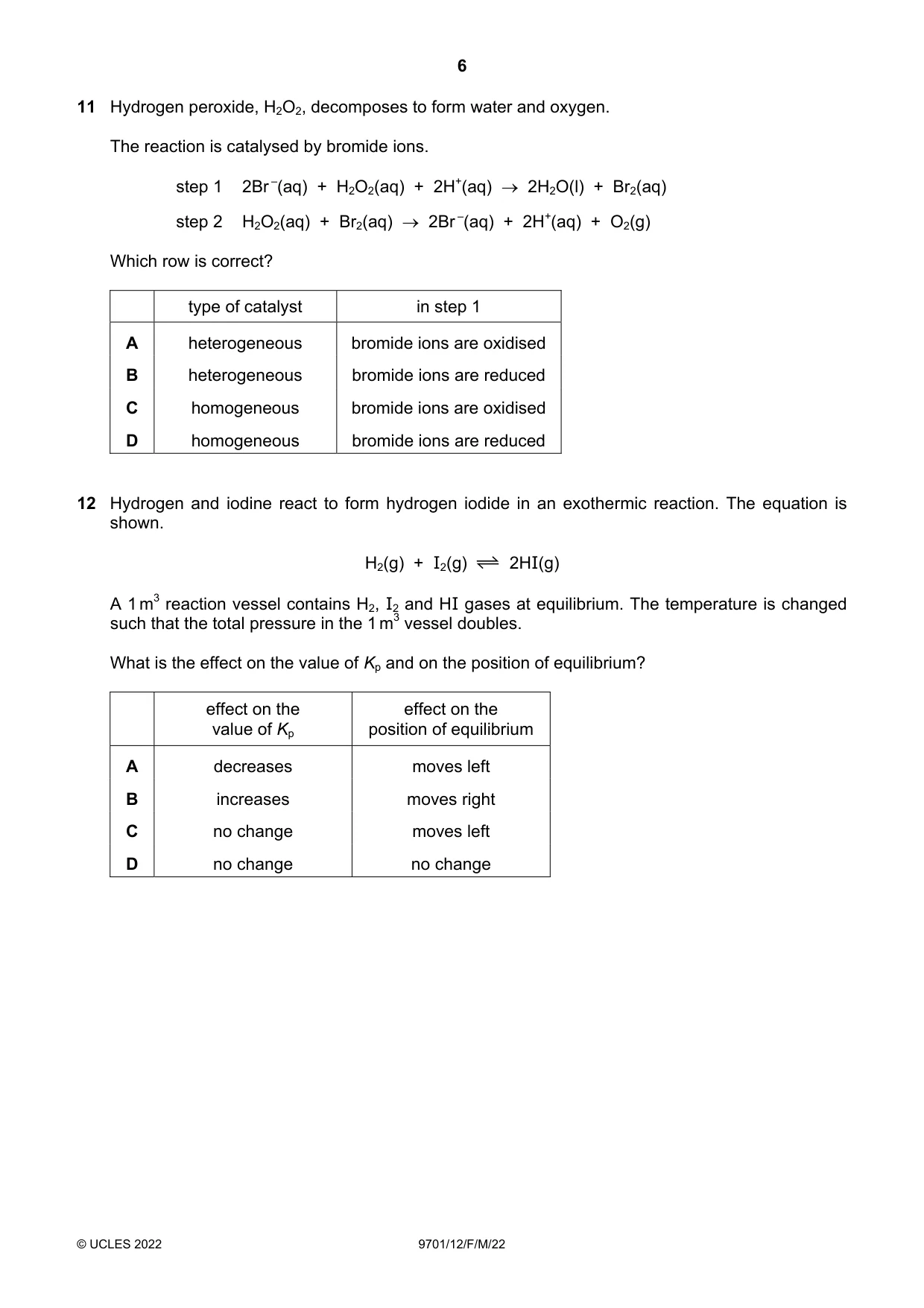 Cambridge A Level Chemistry 9701 2022 Feb/March Paper 1 · Variant 2 question paper, page 6 of 20