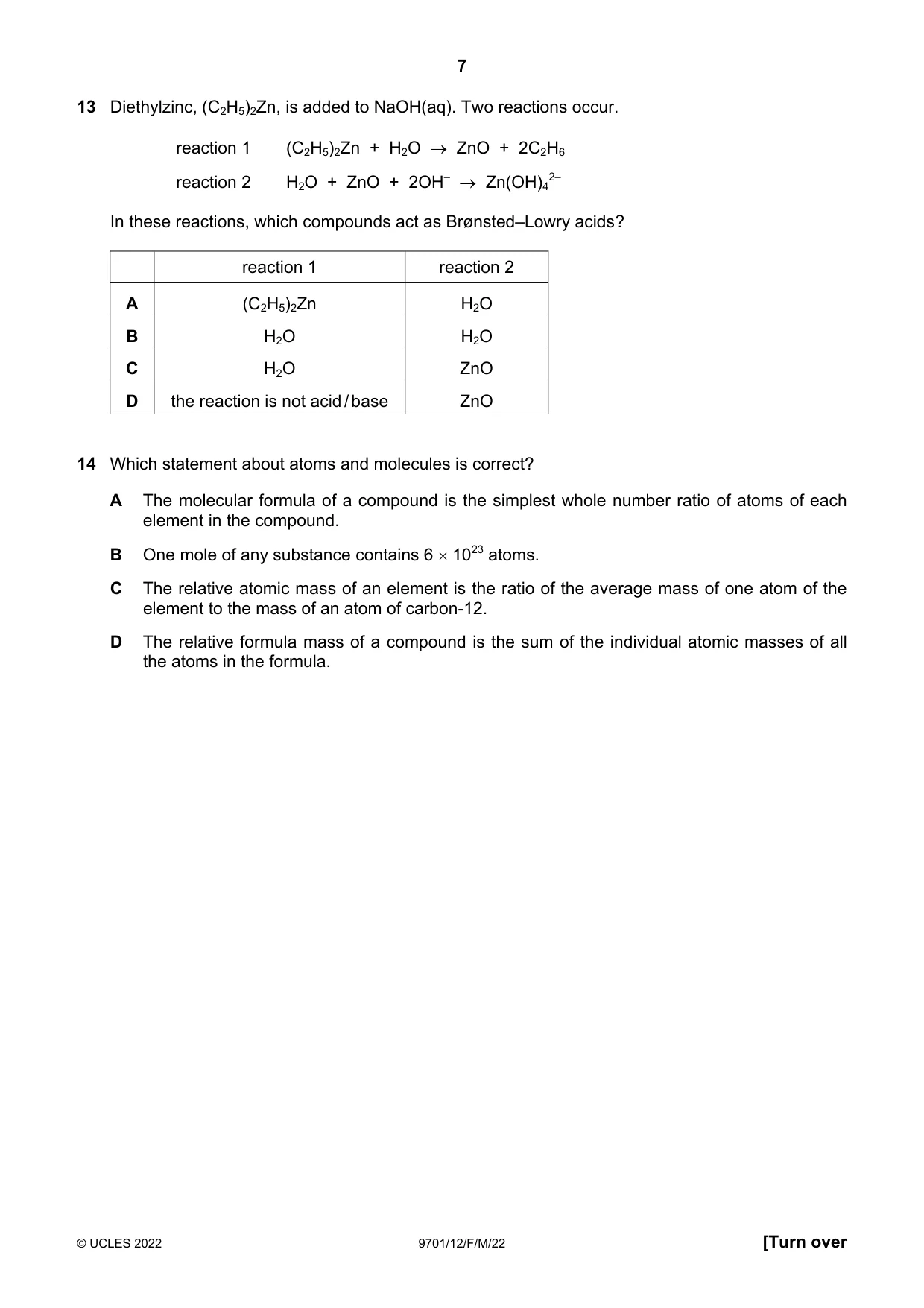 Cambridge A Level Chemistry 9701 2022 Feb/March Paper 1 · Variant 2 question paper, page 7 of 20
